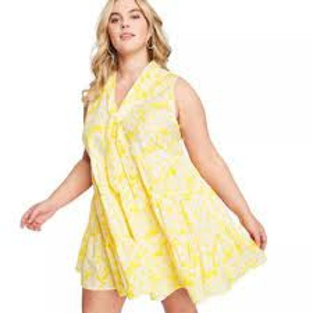 LISA MARIE FERNANDEZ YELLOW WHITE FLORAL DESIGN TIERED LOOK DRESS SIZE 1X